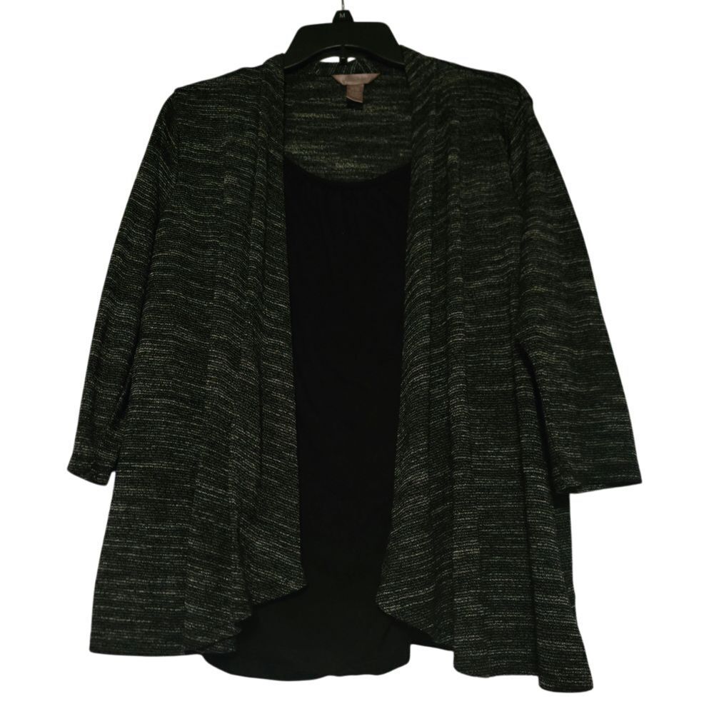 White Stag Open Cardigan Attached Shirt Space Dye Knit Black Gray 3/4 sleeve